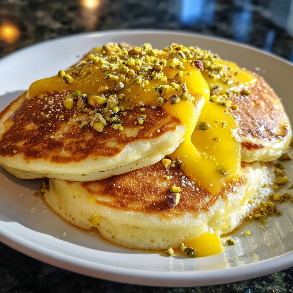 Ricotta Pancakes with Lemon Curd and Pistachios​