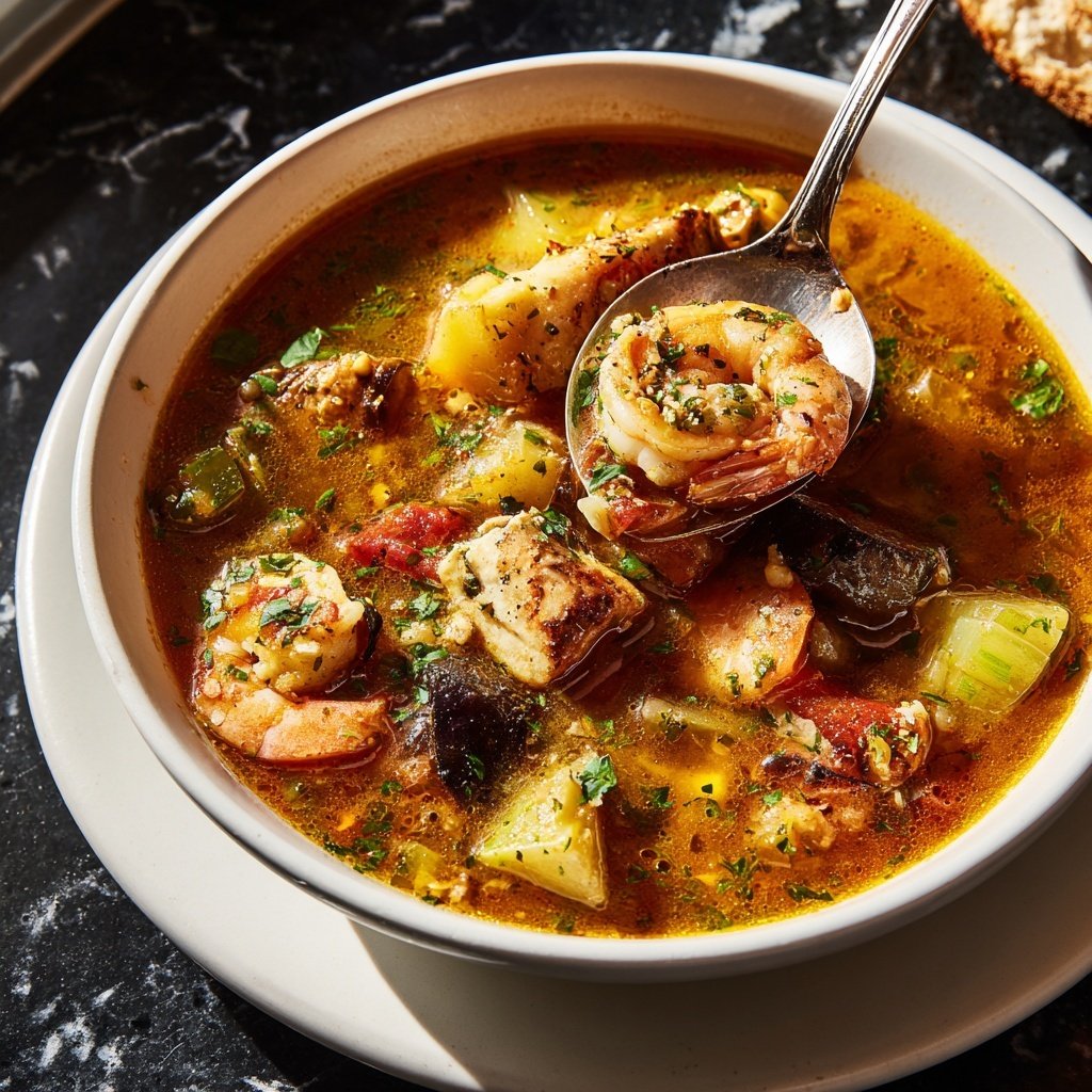 Fisherman's Stew with Roasted Garlic Crostini